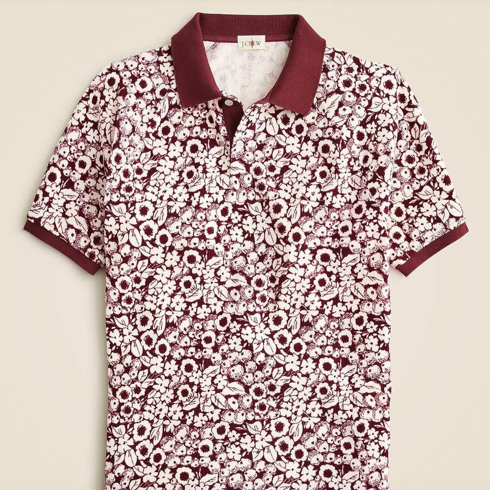 J. Crew Men’s Burgundy and White Floral Terrycloth Polo Shirt NWT